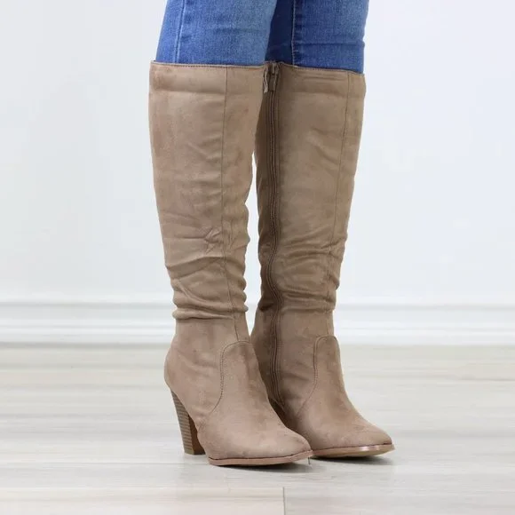 Tan Block Heeled Boots Below The Knee Faux Suede Pointed Toe Womens - Picture 14 of 14